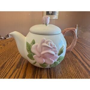 Vintage 80s Teleflora Pink Rose 3D Ceramic Branch Handle Teapot